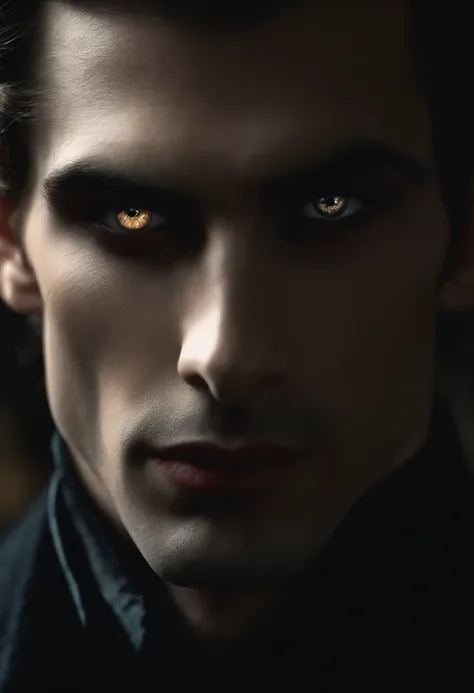 ((master part)), ultra-realistic, Portrait of a handsome pale-skinned vampire with (Esmalte preto), uma maquiagem escura profunda, olhos azuis brilhantes, em um ambiente escuro e sombrio. (Prompt is in Portuguese)