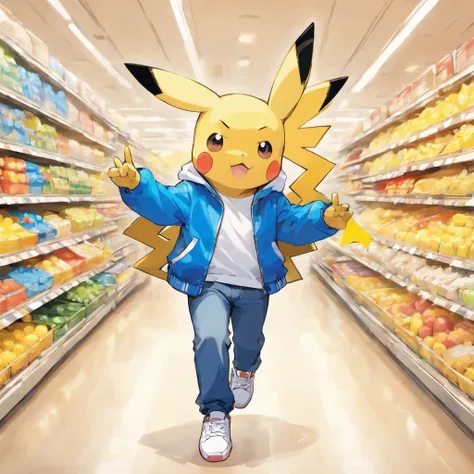 Pokémon: Pikachu wears a white shirt, blue jacket, There are also blue jeans and white sneakers，Take the shopping basket to the supermarket