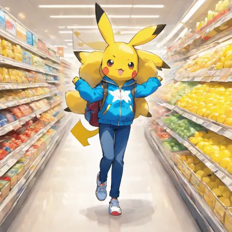 Pokémon: Pikachu wears a white shirt, blue jacket, There are also blue jeans and white sneakers，Take the shopping basket to the supermarket