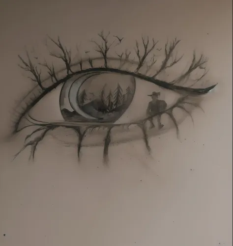 a womans eye with a man walking