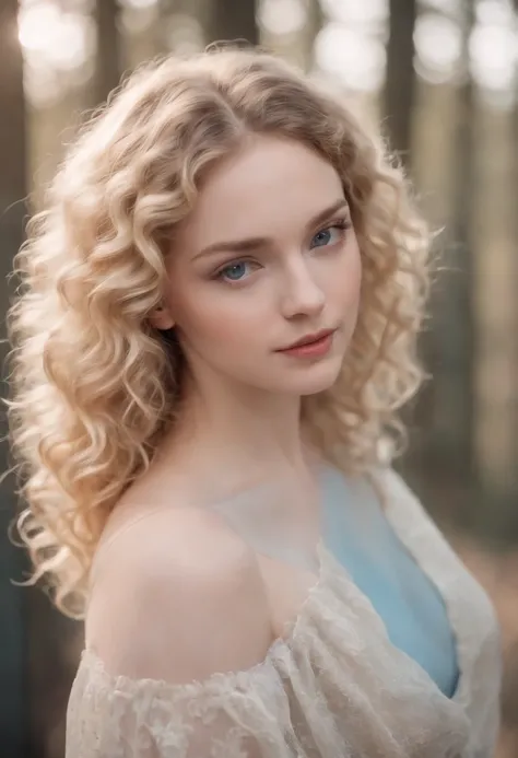 (full body portrait), young pretty pale woman with curly light hair, kleine Figur, Beautiful face, Fesselnde blaue Augen, und bescheidene Oberweite,