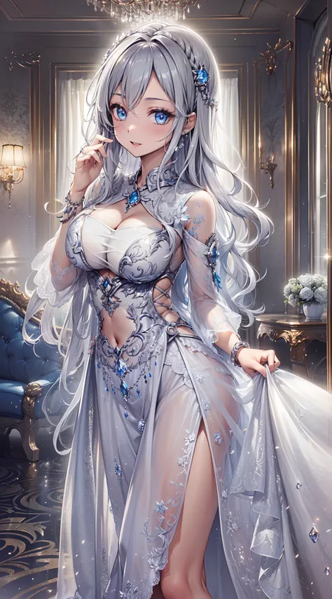 top-quality、Top image quality、tmasterpiece、8kK、Girl vs((Sixteen years old、Best bust、Medium bust、Enchanted、Seductive posture、Leighs sapphire eyes、Breasts wide open,Slightly curly silver hair、big bast、slenderness、Great Valley、Silver dress、White sheer tunic d...