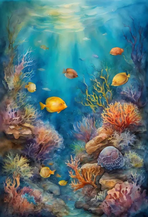 Underwater ocean reefs with corals, fish and jellyfish