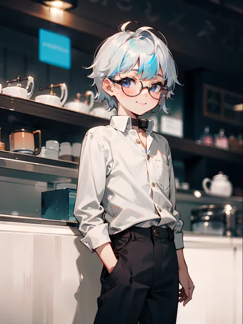 Male child, eye glasses,Cowboy Shots,A smile, silber hair，Daytime，Iridescent background，1girl in, Gawr Gura, A detailed eye, coffee shop, portlate, buttoning, white  shirt, shirt with collar, Black pants, volume illumination