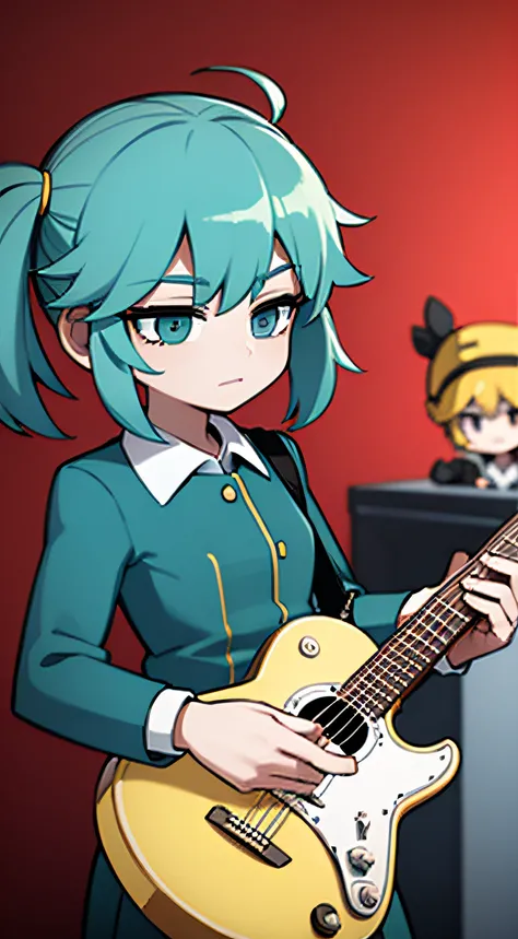 2 cute little soldiers playing guitar，with helmet，Teal uniform,  jumping