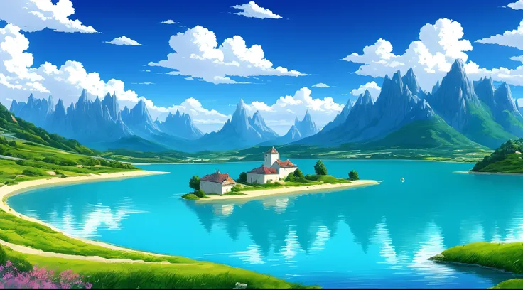 Dessiner un lac，Il y a une course de bateaux et des maisons au loin, Anime Mountain Landscape, Detailed landscape — width 672, anime landscape, Anime Landscape Wallpapers, anime background art, Beautiful anime scenery