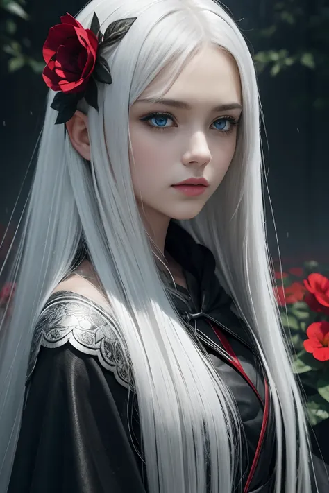 1girl in,Solo,1girl in,Solo,((Beautiful detailed eyes)), (Detailed light),depth of fields,(White hair),Silver eyes,Hair over one eye,(Red flower ), Hair Flower,Long hair,Black cloak,Wet,deadpan,Looking back,Night,starfall,Sateen,Fog,Red flowers fall,sketch...