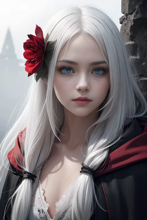 1girl in,Solo,1girl in,Solo,((Beautiful detailed eyes)), (Detailed light),depth of fields,(White hair),Silver eyes,Hair over one eye,(Red flower ), Hair Flower,Long hair,Black cloak,Wet,deadpan,Looking back,Night,starfall,Sateen,Fog,Red flowers fall,sketch...