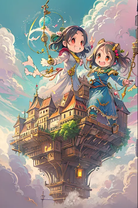 Flying castle, Full of air,Two girls、huge smile