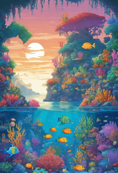 Illustration of marine culture, Vibrant colors, Detailed waves, Diverse marine life, Colorful coral reefs, Underwater adventure, Naughty dolphins, Elegant turtles, Exotic fish, Tropical paradise, shining sun, Dynamic underwater scenes, Hand-painted masterp...