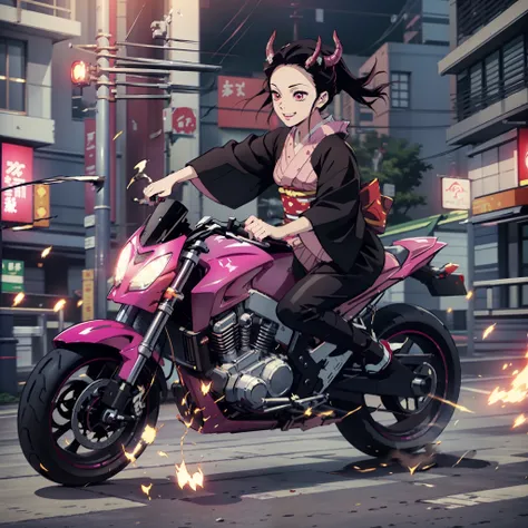 (masterpiece, best quality:1.2), kimetsu no yaiba style, kamado nezuko, (1girl, solo), 20years old, full body, (black and pink kimono), black leather boots, (red demon horns, red eyes), evil smile, BREAK (driving motorcycle on the city with high speed, kee...