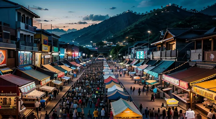 a hyper realistic photography of the an aerial view of Night Markets in Langkawi in Langkawi, no people, Nikon D850 DSLR 4k camera, 100mm lens, F 1.2 aperture setting, bright and natural lighting, vibrant, fun and relaxing atmosphere