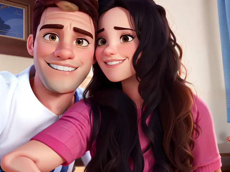 Casal (homem moreno e mulher branca) no estilo Disney Pixar, alta qualidade, melhor qualidade.