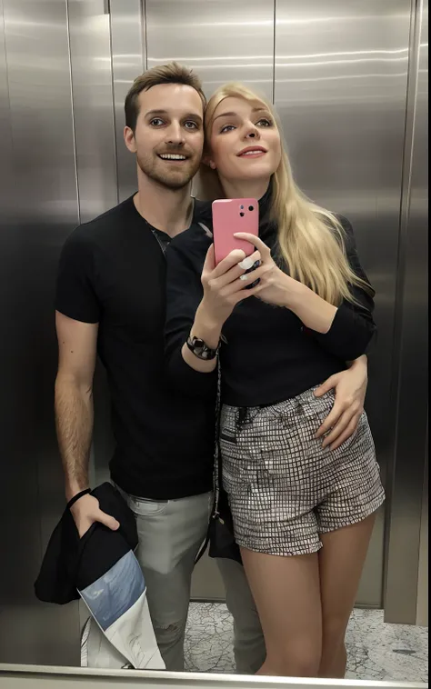 araffes man and woman taking a selfie in an elevator, in an elevator, in sao paulo, they are in love, happy couple, by Nándor Katona, taken in the early 2020s, profile picture, in love selfie, with towers, 📷 mungojerrie and rumpleteazer, profile image, 3d ...