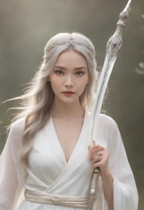 Beautiful female emperor, Crystal clear skin, Beautiful appearance, There is deep wisdom in her eyes, As if she saw through everything in the world, Dressed in a gorgeous white robe, holding a long sword, Robe fluttering in the breeze and silver hair flutt...