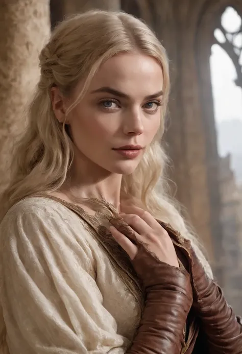 Margot Robbie as Beautiful Woman, European medieval castles。(full bodyesbian), Ultra-detailed eyes, Ultra-detailed body, nice and perfect face，Smooth skin ice, Stunning female body, ((Ultra-thin pointer)), Masterpiece Concept Fantasy Art, trending on artst...