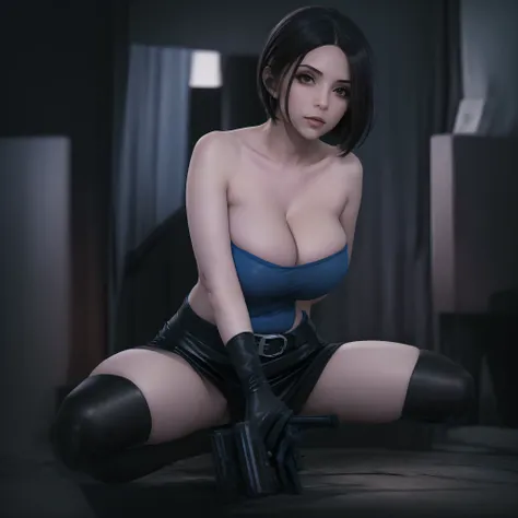 (1girl in:2.0, Solo:2.0, jillvalentine:1.1, Short hair, Black hair, Blue shirt:1.2, Blue Tube Top Shirt:1.25, Mini skirt:1.2, Black leather skirt:1.2, long boots, gun Belts), (((Shallow depth of field))), (Photographic realism: 1.3), (masterpiece:1.25, Abs...