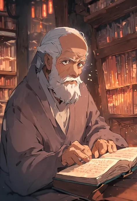 A muslim old man with open eyes looks in the camera with book in hand in a bookroom background