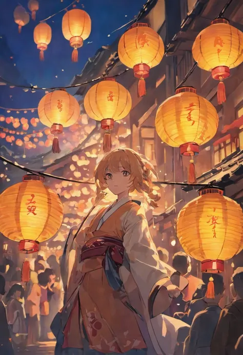 The above color picture is the original picture，No characters need to appear，Only the scene of the night scene of the ancient Lantern Festival is depicted，Drawn in a simple cartoon flat painting technique