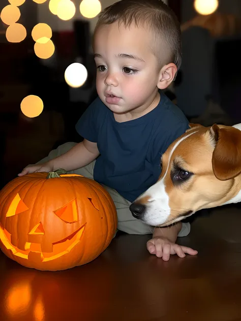 Little boy and dog looking at pumpkin, in a halloween style, Jack - O- Lantern, pumpkin, edited, october, kid, Zhutkoe photo, Jack, Amazing!, Jacks Lanterns, haunting!, cutest, with his hyperactive little dog, menacing!, spooky filter, Spooky Halloween fun