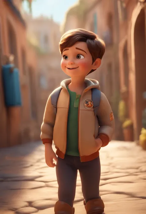 a happy cute kid standing short hair, vestindo uma fantasia espacial, , fundo branco, barnet, Tom, Estilo Pixar, ....3d, desenhos animados, rosto detalhado, asymmetrical 16k