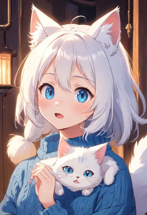 Soft, cute adult neko with puffy white hair wearing a loose fuzzy blue sweater, adorable, has cat fangs and a blushy look on her face, OwO