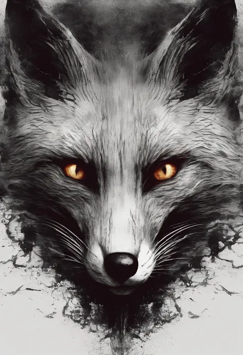 Generate an image of a fox emerging into the darkness with bloodthirsty eyes and his savage appearance dusting off his killer instincts