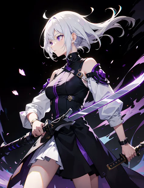 colorful, 1girl, white hair, purple eyes, dual wielding, sword, holding sword, blue flames, glow, glowing weapon, light particle...