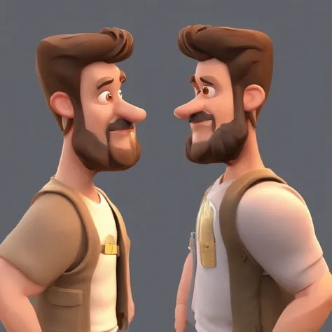 Criar um personagem no estilo Pixar. Trata-se de um homem de 41 anos, com barba castanho escuro e feita estilo barbearia , Branco, with brown hair lengthened to the shoulders and tied up with a tail, e olhos castanhos