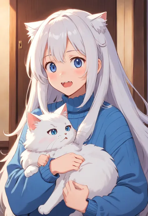 Soft, cute adult neko with puffy white hair wearing a loose fuzzy blue sweater, adorable, has cat fangs and a blushy look on her face, OwO