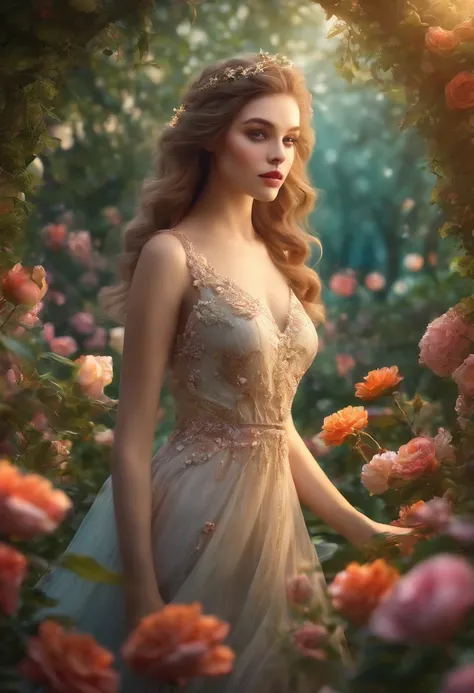 A girl in a garden,beautiful detailed eyes,beautiful detailed lips,extremely detailed eyes and face,long eyelashes,3D rendering,ultra-detailed,high quality,realistic,portrait,floral,soft and dreamy lighting, vibrant colors, colorful flowers, flowing dress,...