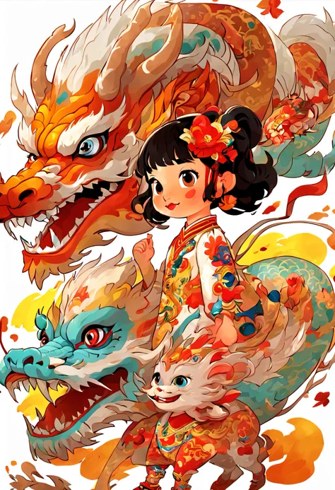 lovely chinese dragon and little girl, chinese dragon, colorful cartoon characters, white background, colorful cartoon character...