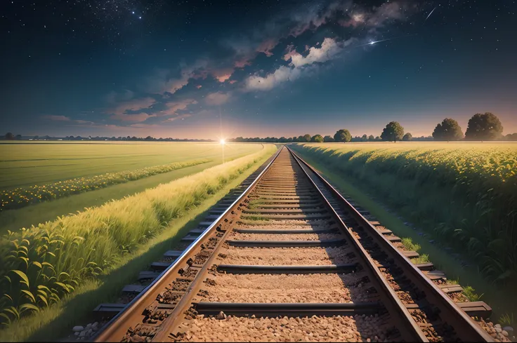 A beautiful night,sky filled with stars,an old railway track between a crop field,landscape, ultra realistic 8k quality,