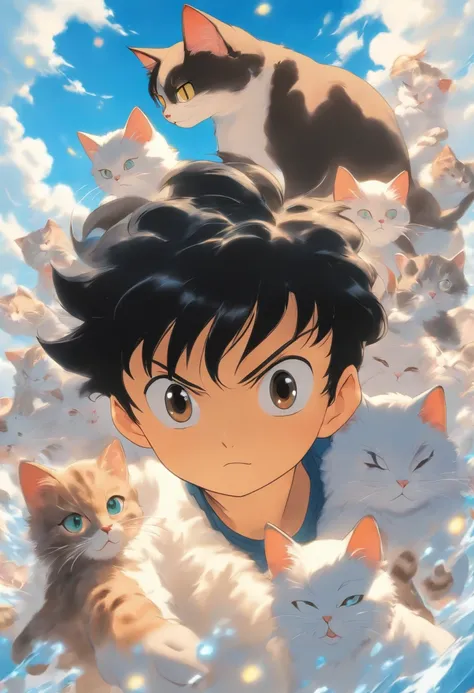 a black-haired、Boy with big brown eyes，The background is blue sky，Hug a cat。Osamu Tezuka，super high image quality，ultraclear，Extreme detail - Niji 5