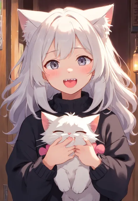 Soft, cute adult neko with puffy white hair wearing a loose fuzzy black sweater, adorable, has cat fangs and a blushy look on her face, OwO, black cat