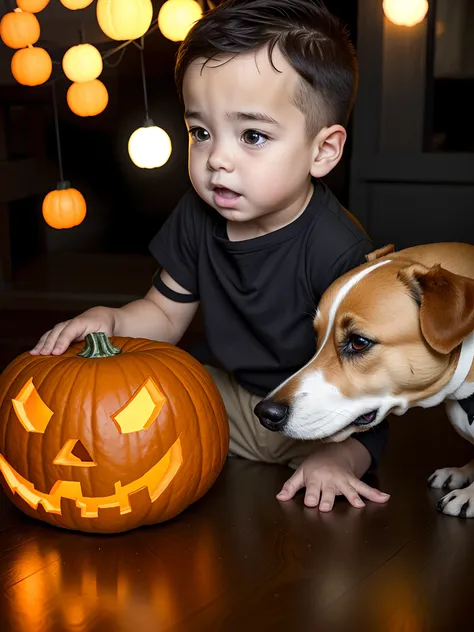 Little boy and dog looking at pumpkin, in a halloween style, Jack - O- Lantern, pumpkin, edited, october, kid, Zhutkoe photo, Jack, Amazing!, Jacks Lanterns, haunting!, cutest, with his hyperactive little dog, menacing!, spooky filter, Spooky Halloween fun...