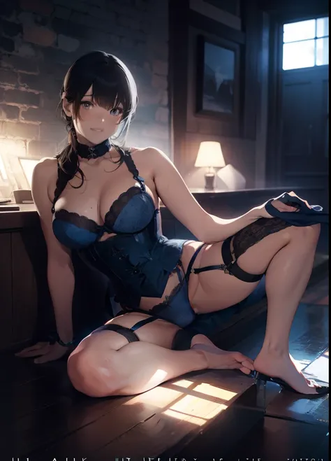 ultra-quality, ultla highres, Hyper Detailed, High contrast, Ultrafine Strike, creative refinement,A dark-haired,Blue lingerie,ssmile,blue corset,Blue garter belt,Show Pub