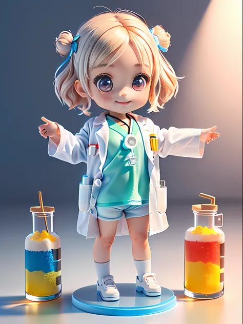 Super cute girl full body 3d drawing, 1 pc, good looking eyes, big eyes, cute, happy, c4d, pop matt blind box, glowing bubble, toy, solid color background, chibi, fluorescent translucency, luminescence, kawaii, doll, ((((scientist, white lab coat))), refer...