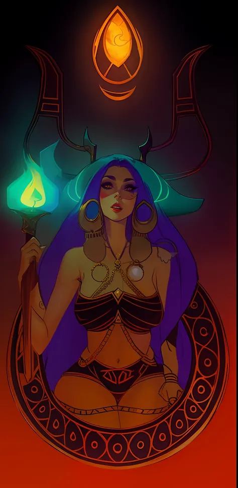 a woman with a horned head and a large horned, priestess, attractive tiefling druid, appears as the fire goddess, intense, horned ram goddess, mayan priestess, wip1girl, seios gigantescos, Curvilinear waist, bunda grande, massive breasts, seios grandes, Se...