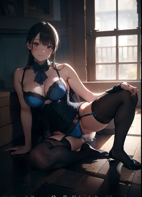 ultra-quality, ultla highres, Hyper Detailed, High contrast, Ultrafine Strike, creative refinement,A dark-haired,Blue lingerie,ssmile,blue corset,Blue garter belt,Show Pub