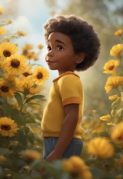 Criar imagem estilo Pixar, homem jovem pele clara, careca, olhos castanhos, forte com menino negro, cabelos cacheados com topete, olhos castanhos no colo. Menina negra, olhos castanhos e cabelos cacheados, com roupa amarela. Pano de fundo jardim com flores...