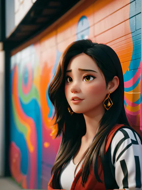 Arafi woman with long hair and earrings standing in front of a colorful wall, A young Asian woman, Young Asian girl, Beautiful young Asian woman, Young Asian woman, young cute wan asian face, detailed face of a asian girl, Beautiful asian woman, An Asian w...