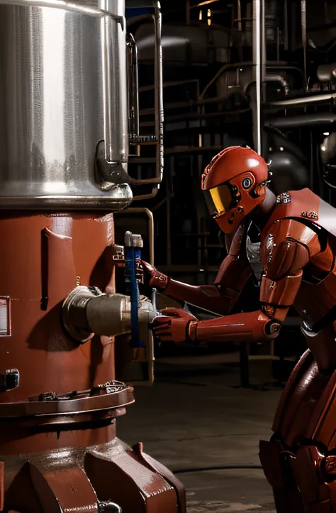 red color robot humanoid male working in a refinary closing a valve