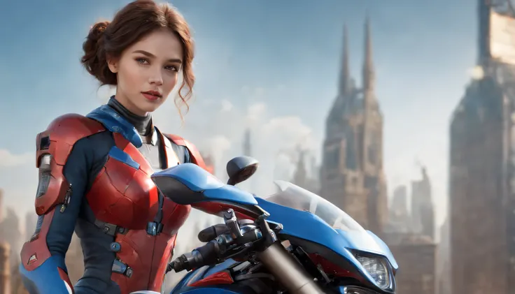 Highest image quality, Outstanding details, Ultra-high resolution, (Realism: 1.4), The best illustration, favor details, highly condensed 1girl, with a delicate and beautiful face, Dressed in a red and blue mech, wearing a mech helmet, holding a directiona...