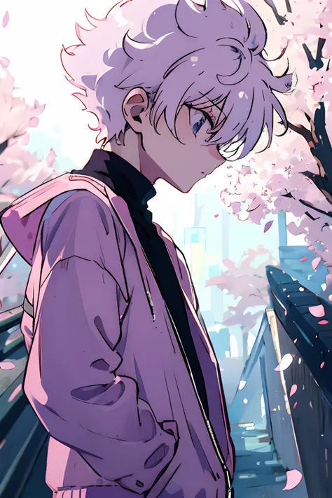 1boy, killua_zoldyck, solo, focus, teen, walking, looking down, worried, pink jacket, white shirt, shorts, upper body, from side...