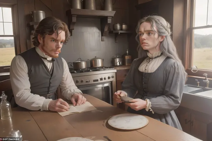 year: 1862. Location: Rock Island, Illinous. Pre-Raphaelite (((44-year-old Richard Madden))), ((overweigth)), ((grey hair)), with Dakota Fanning, kitchen, ((sad, worried look)), ((((rural Clothing from the 1860s)))) ((Hairstyle of the 1860s)), ((("OMITB" c...