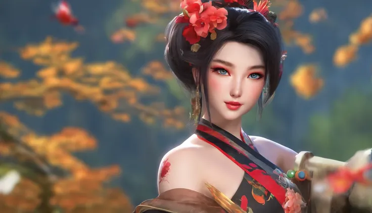 Masterpiece, Top quality, Best quality, offcial art, Beautiful and aesthetic:1.2),1girll, tattoo, Solo, Japanese clothes, red and black kimono, hair adornments, unsheathed, Black hair, scabbard, Back tattoo, Dragon tattoo, Blue eyes, cropped shoulders, Bar...