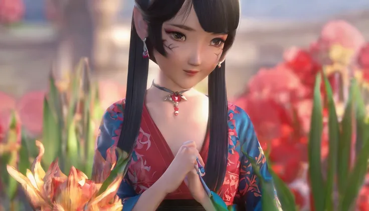 Masterpiece, Top quality, Best quality, offcial art, Beautiful and aesthetic:1.2),1girll, tattoo, Solo, Japanese clothes, red and black kimono, hair adornments, unsheathed, Black hair, scabbard, Back tattoo, Dragon tattoo, Blue eyes, cropped shoulders, Bar...