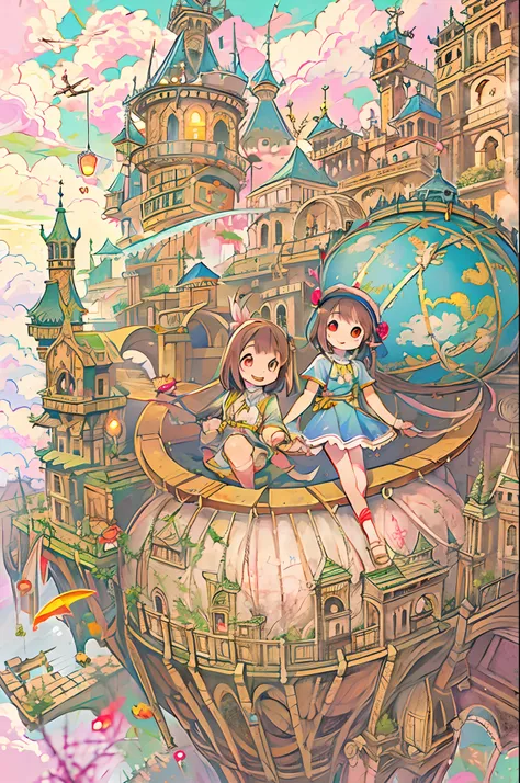 Flying castle, Full of air,Two girls、huge smile