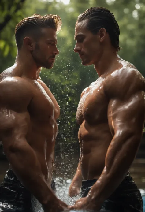 (best quality,4k,8k,highres,masterpiece:1.2),ultra-detailed,(realistic,photorealistic,photo-realistic:1.37),naked muscular men,naked muscular bodies,passionate embrace,detailed muscles,wet skin,glistening drops of water,deeply affectionate kiss,steamy atmo...